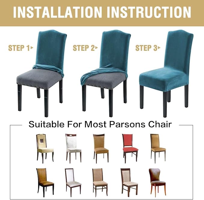 H.VERSAILTEX Velvet Dining Chair Covers Stretch Chair Covers for Dining Room Set of 2 Parson Chair Slipcovers Chair Protectors Covers Dining, Soft Thick Solid Velvet Fabric Washable, Peacock Blue