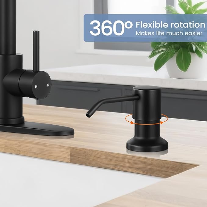 DJS Kitchen Faucets with Soap Dispenser High Arc Single Handle 1 or 3 Holes Spring Kitchen Sink Faucet with Deck Plate for Farmhouse RV Vessel Basin Matte Black