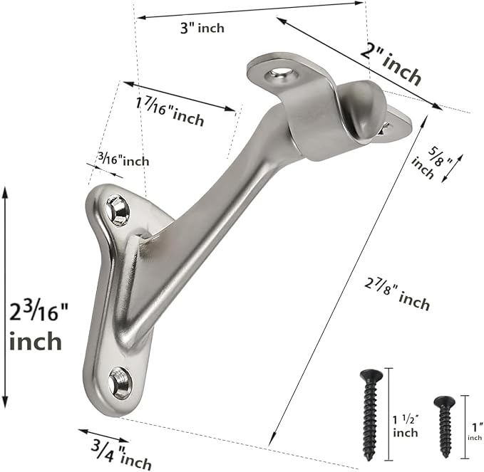 khtumeware 6 Pack 3 Inch Brushed Nickel Hand Rail Bracket Heavy Duty Hardware for Stairways, Home or Office Vintage Stair Support Satin Nickel Handrail Brackets