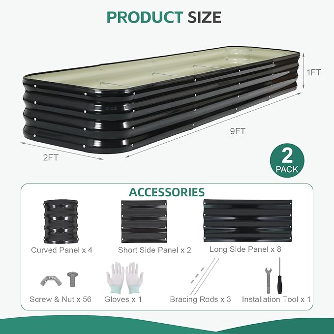 5 in 1 Galvanized Raised Garden Bed - 8x3x1ft (2Packs) Modular Planter Box Outdoor | Metal Raised Bed Kit with Bracing Rods for Gardening Vegetables Flowers Fruits Herbs (Dark Grey)