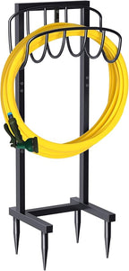 Freestanding Garden Hose Holder with 4 Spikes, Heavy Duty Metal Reel Stand Hanger Rack Organizer, Holds Storage 150ft Hose for Outside Yard Lawn, Black