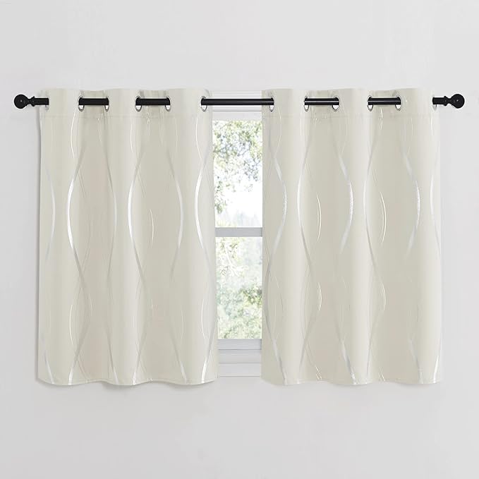 NICETOWN Bedroom Curtains Small Blackout Panels, Beige, Set of 2, 42 by 40 Inch, Window Treatment Thermal Insulated Solid Grommet Blackout Wave Line Foil Print Design Curtains for Kitchen, Cafe, Loft