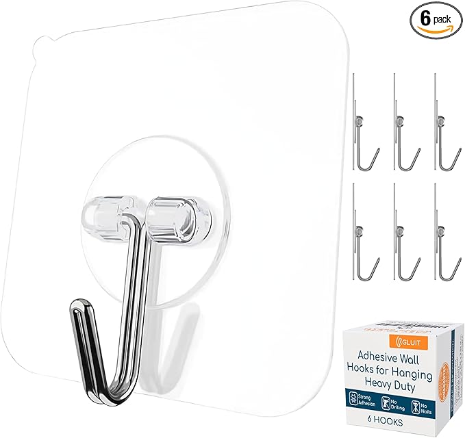GLUIT Adhesive Wall Hooks for Hanging Heavy Duty 22 lbs Hooks for Walls No Damage, Towel Sticky Clear Hook, Waterproof, Home, Bathroom, Kitchen, Office, and Outdoor 6 Pack