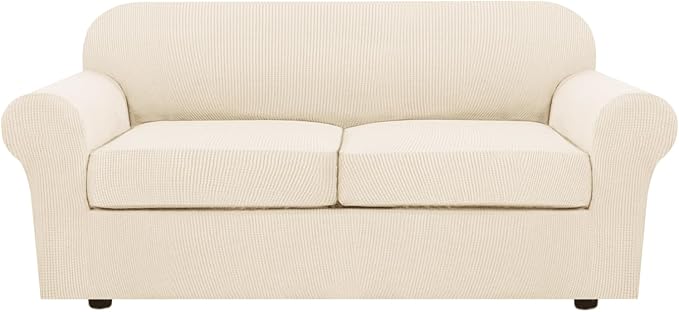 H.VERSAILTEX 3 Piece Stretch Sofa Covers for 2 Cushion Sofa Couch Covers for Living Room Furniture(Base Cover Plus 2 Seat Cushion Covers) Thicker Jacquard Fabric (Large Sofa, Cream)