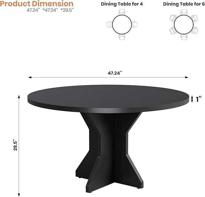 Garvee Round Dining Table for 4-6 People - 47" Circle Kitchen Dinner Table with Sturdy Pedestal Base, Small Spaces Dinning Room Furniture for Living Room, Kitchen, Apartment, Black