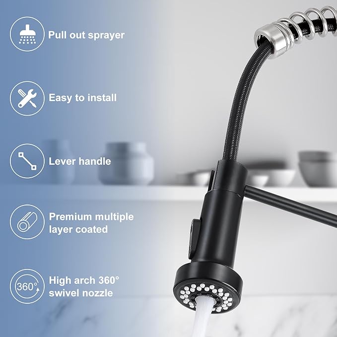 DJS Kitchen Faucets with Pull Down Sprayer Matte Black & Brushed Nickel High Arc Single Handle 1 or 3 Holes Spring Kitchen Sink Faucet with Deck Plate for Farmhouse RV Vessel Basin