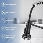 DJS Kitchen Faucets with Pull Down Sprayer Matte Black & Brushed Nickel High Arc Single Handle 1 or 3 Holes Spring Kitchen Sink Faucet with Deck Plate for Farmhouse RV Vessel Basin