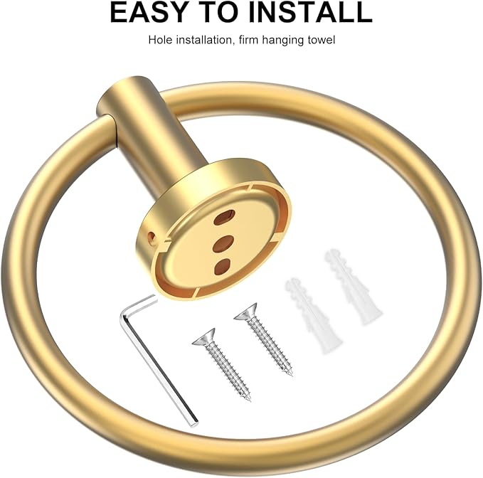 SetSail Towel Holder for Bathroom Wall Screw-in Gold Towel Ring Stainless Steel Hand Towel Holder Heavy Duty Towel Hanger for Bath, Kitchen Drill Hole, 3 Packs