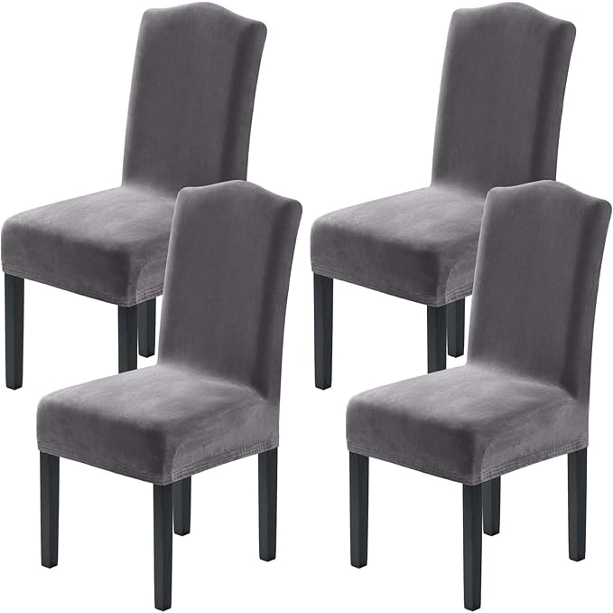 H.VERSAILTEX Velvet Dining Chair Covers Stretch Chair Covers for Dining Room Set of 4 Parson Chair Slipcovers Chair Protectors Covers Dining, Soft Thick Solid Velvet Fabric Washable, Grey