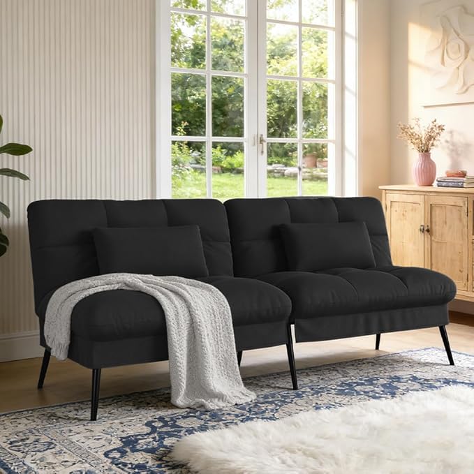 COMHOMA 72″Futon Sofa Bed,Modern Convertible Sleeper Sofa, Fabric Futon Couch with Multi-Position Backrest for Living Room Furniture (Black)