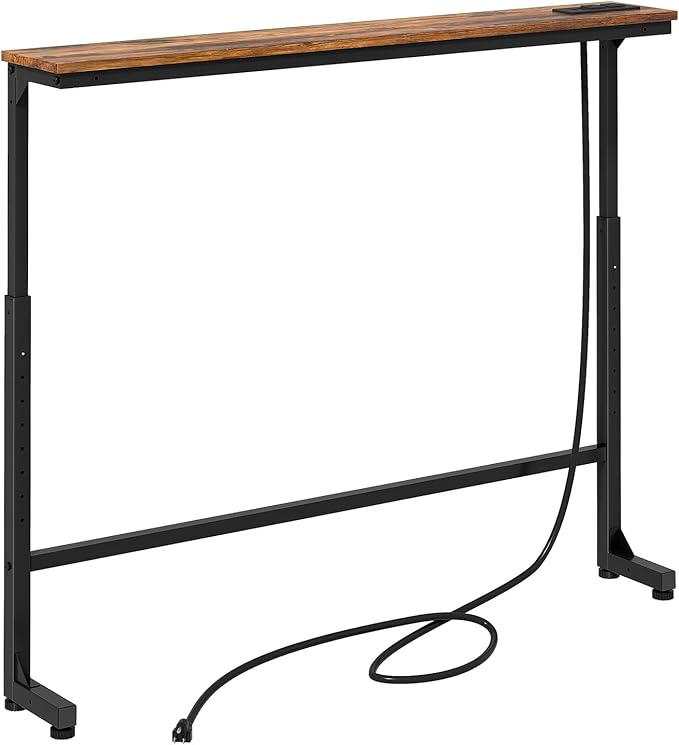 Kitstorack Narrow Console Table Behind Sofa Couch, Design with Adjustable Height (25"-33") & Power Outlets, Small Entryway Table - 5.9" D x39.4 L, Rustic Brown