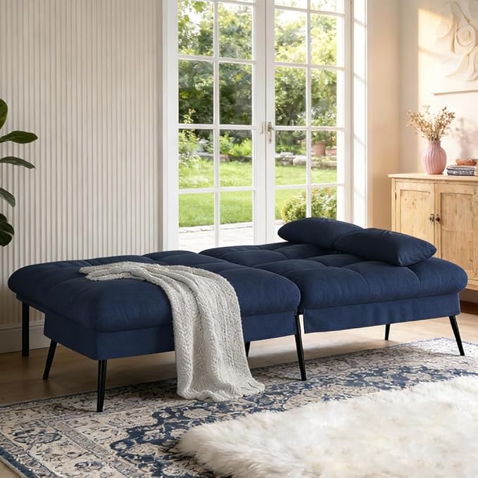 COMHOMA 72″Futon Sofa Bed,Modern Convertible Sleeper Sofa, Fabric Futon Couch with Multi-Position Backrest for Living Room Furniture (Blue)