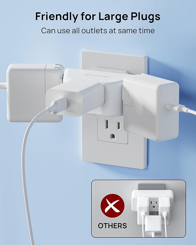 TROND 360 Rotating Plug Outlet Extender 2 Pack, 3 Way Angled Wall Outlet Adapter, Small Multiple Plug Splitter for Bathroom Kitchen Cruise Ship Travel Essentials, White