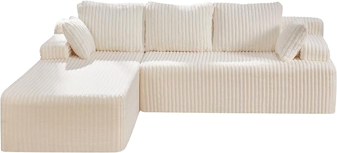 Modular Sectional Sofa Couches L-Shape Couch 3 Seat Modular Sofa Memory Foam Sectional Couches for Living Room, Cloud Couch with Oversized Chaise (White Stripe, 108" Left Facing Chaise)
