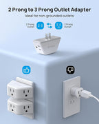 TROND 2 Prong to 3 Prong Outlet Adapter 2 Pack, 3-Way Angled Wall Extender with 3 AC Sockets, Plug Expander for Non-Grounded Outlets in Old House, Cruise Ship Essentials, White
