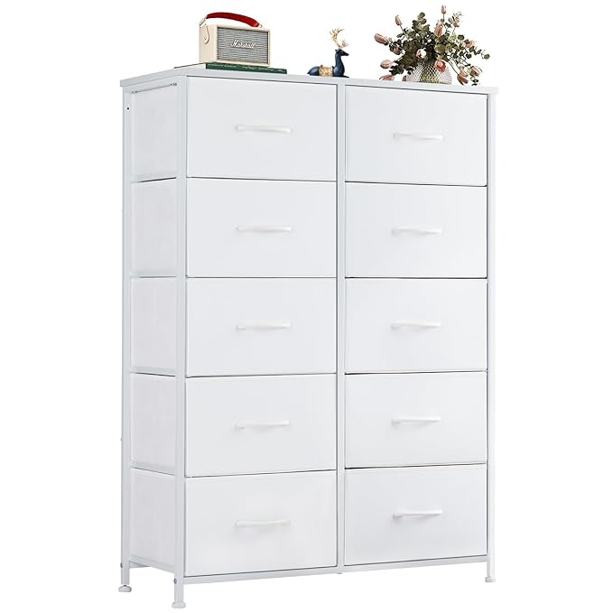 Dresser for Bedroom with 10 Drawers, Anti-Tip Tall Fabric Chests Storage Organizer Tower Furniture with Wooden Top Metal Frame for Clothes, Closet, Living Room, Hallway, Entryway