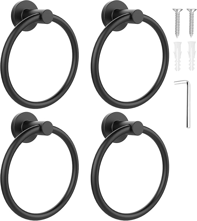 SetSail Towel Holder for Bathroom Wall Matte Black Towel Ring Stainless Steel Hand Towel Holder 4 Packs Towel Hanger for Bath, Kitchen
