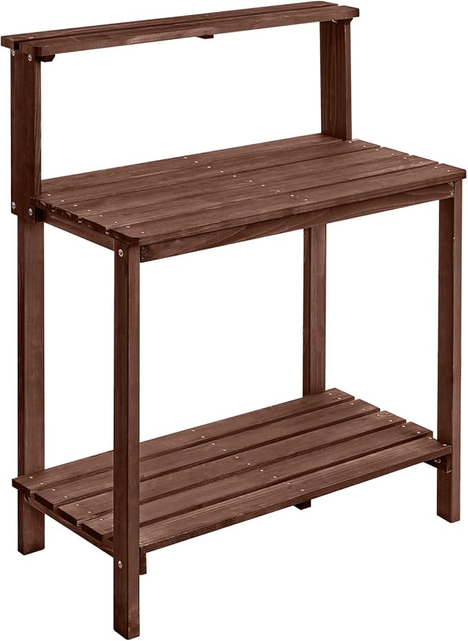VEVOR Potting Bench Table, Outdoor Gardening Workstation with 36 x 20 in Wood Tabletop, Garden Planting Work Station with Storage Shelves, Hook for Outside Patio, Backyard, Brown