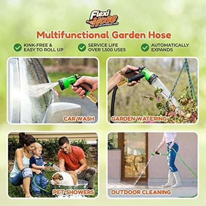 Flexi Hose Lightweight Expandable Garden Hose, 150FT -Retractable Garden Hose, Water Hose - No-Kink Flexibility, 3/4 Inch Solid Brass Fittings and Double Latex Core