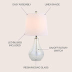 JONATHAN Y 20.5" Mosaic White Coastal Mini LED Table Lamp for Living Room Office, White Linen Drum Shade, Modern Mother of Pearl Bedside Nightstand Lamp, LED Bulb Included (JYL1024B)