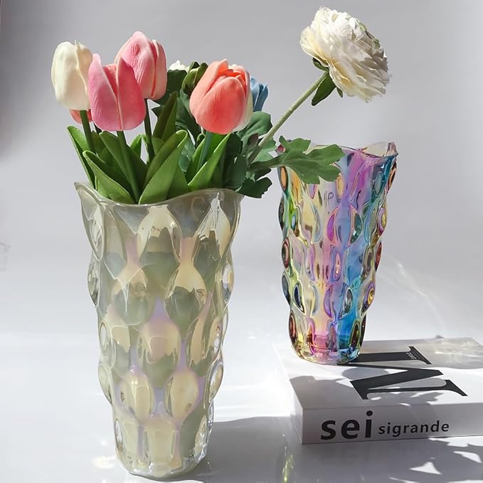 Unbreakable Flower Glass Vase 3.5lb 9.5inch Sparkle vase Bohemian Style, for Centerpieces,Kitchen,Office, Living Room,Wedding,Perfect Home Decor Glass Vase (Sparkle Cream)