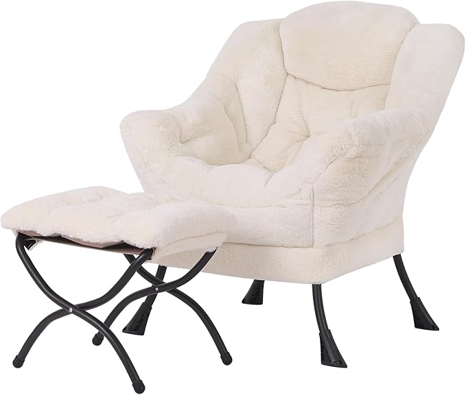 Welnow Lazy Chair with Ottoman, Modern Accent Chair with Armrests and a Side Pocket, Leisure Sofa Armchair, Reading Armchair with Footrest for Small Space, Plush Beige