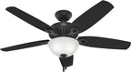 Hunter 52 inch Indoor Ceiling Fan with LED Light - Black Ceiling Fan with Pull Chain, For Bedroom or Living Room, Standard Mount, No Remote, 5 Blades, Includes Bulbs- Builder Deluxe 52386, Matte Black