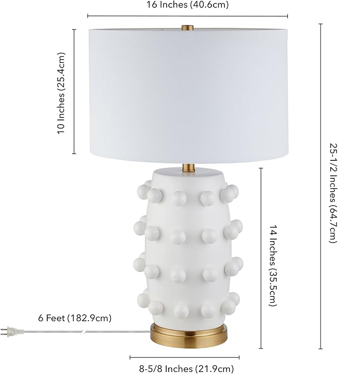 Henn&Hart 25.5'' Modern 1-Light Ceramic Table Lamp with Spherical Orbs on Lamp Body with White Fabric Drum Shade for Living Room, Bedroom, or Office, Matte White
