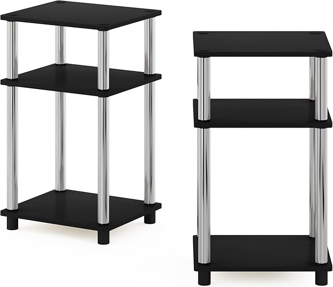 Furinno JUST Side Table Set of 2, 3-Tier Modern End Tables, Open Shelves Night Stand, Nightstand, Toolless Assembly, for Living Room, Bedroom, Americano/Stainless Steel