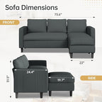 JAMFLY 3-Seat Convertible L-Shaped Sectional Sofa with Reversible Ottoman, Upholstered Fabric Couch for Small Living Rooms, Modern Modular Couch for Apartment, Studio & Loft, Grey