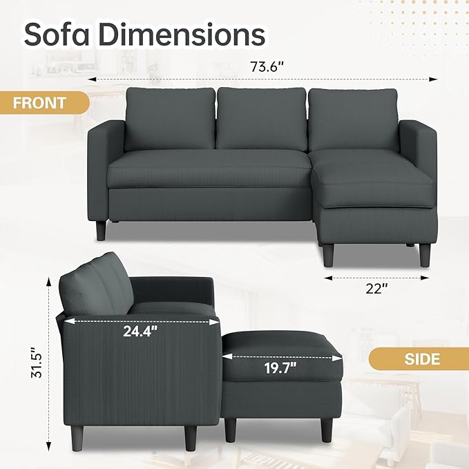 JAMFLY 3-Seat Convertible L-Shaped Sectional Sofa with Reversible Ottoman, Upholstered Fabric Couch for Small Living Rooms, Modern Modular Couch for Apartment, Studio & Loft, Grey
