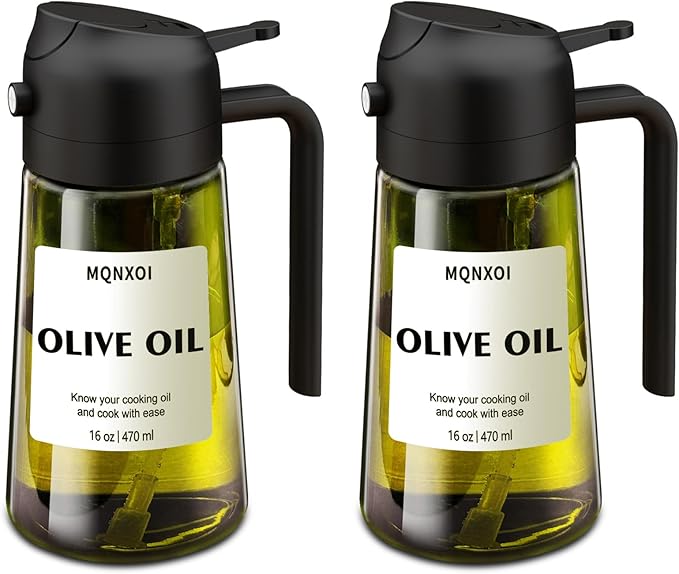 2 in 1 Glass Oil Sprayer & Dispenser,16oz/470ml Olive Cooking, Air Fryer, and Salad, for Kitchen Gadgets and Air Fryer Accessories, w/Stickers (Black + Dark Green Bottle 2)