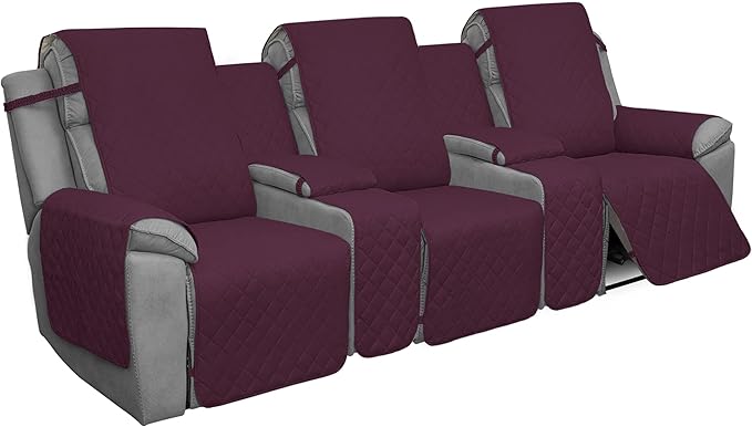 Easy-Going Recliner Sofa Cover with Console, Reversible Couch Cover for Living Room, Split Sofa Cover for Each Seat with Elastic Straps for Kids, Dogs, Pets (3 Seater, Wine/Beige)