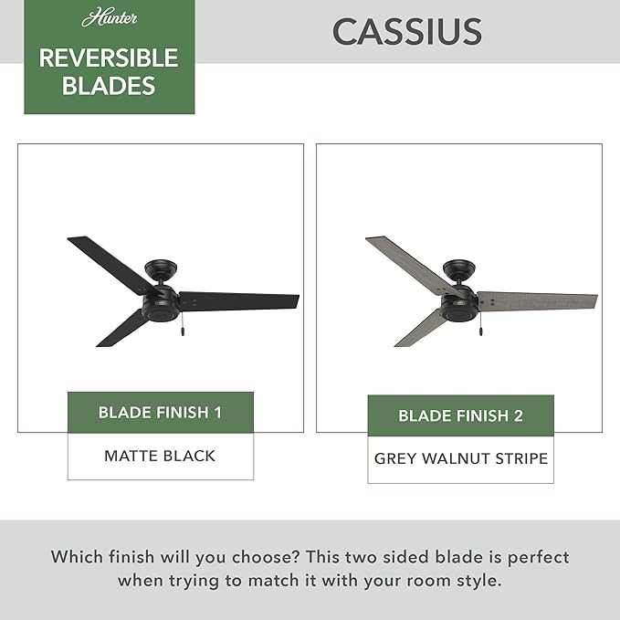 Hunter 52 inch Outdoor or Indoor Ceiling Fan No Light - Black Ceiling Fan without Light, For Patio, Porch, Garage, or Living Room, Standard Mount, 3 Blades, Pull Chain - Cassius 59264, Matte Black