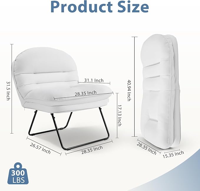 DUMOS Comfy Saucer Chair,PU Leather Foldable Chairs for Bedroom, Dorm & Gaming, Fashion Floor Chair with Back Support for Small Spaces, New White