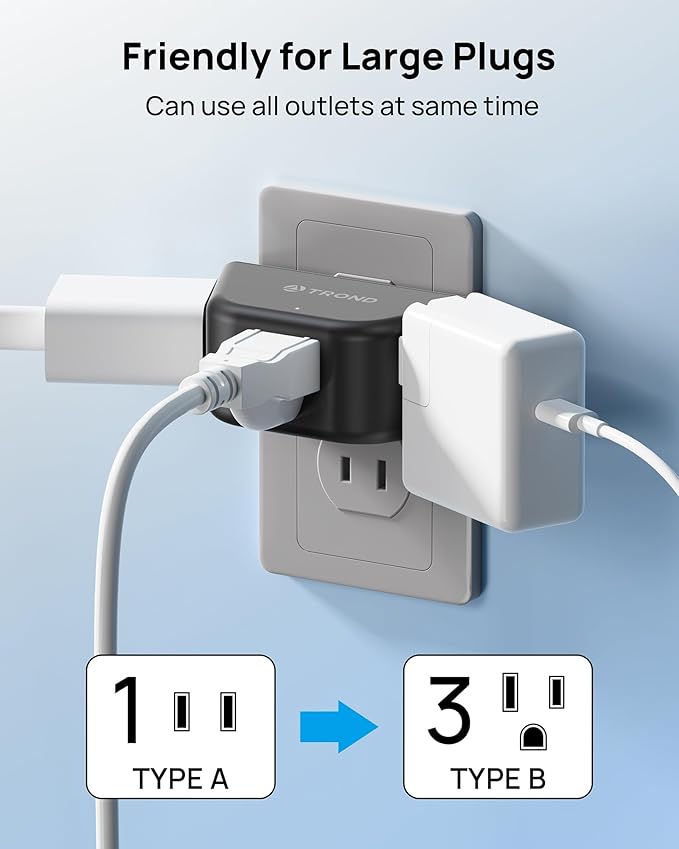 TROND 2 Prong to 3 Prong Outlet Extender, 3-Way Angled Plug Adapter with 3 AC Sockets, Wall Splitter for Non-Grounded Outlets in Old House, Cruise Ship Travel Essentials, Black