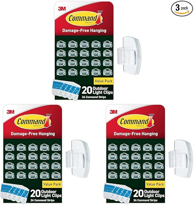 Command Outdoor Light Clips, 20 Clear Clips and 24 Command Strips, Damage-Free Hanging Outdoor Light Clips with Weather Resistant Strips, Wall Clip for Hanging Outdoor Lights and Cable Management