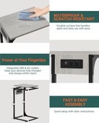 C-Shaped Side Table for Couch - Small Coffee Stand Sofa Tray Desk with Metal Frame Waterproof Scratch Resistant Wood Top and Built-in Charging Station, Greige