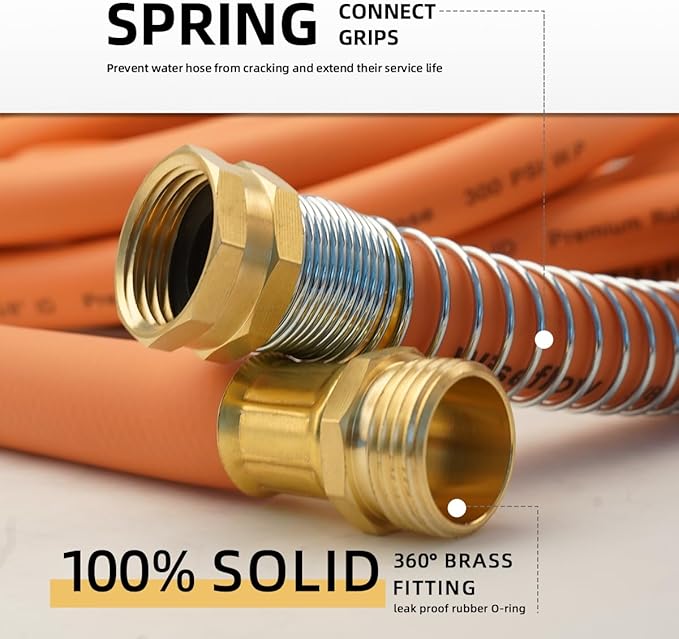 WiseFlow Garden Hose 25FT x 3/4", Heavy Duty Rubber Hose, Water Hose with Five Layered Braiding, Male Female Fittings, 1000PSI Burst, 300PSI Working (Orange)