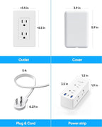 Flat Extension Cord with Outlet Cover, Flat Plug Power Strip with 6 Outlets and 3 USB Ports, 2000 Joules Surge Protector, 3 FT Cord Hidden Outlet Extender for Tight Spaces