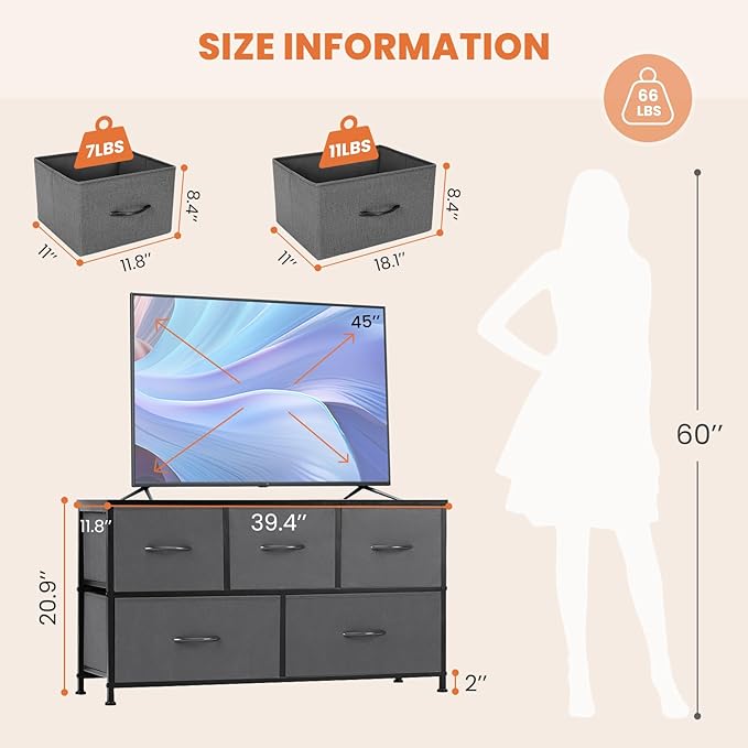 Dresser for Bedroom with 5 Drawers, Anti-Tip Wide Fabric Chests Storage Organizer Tower Furniture, TV Stand for TV up to 45 inch with Wooden Top Metal Frame for Clothes, Living Room, Hallway, Entryway