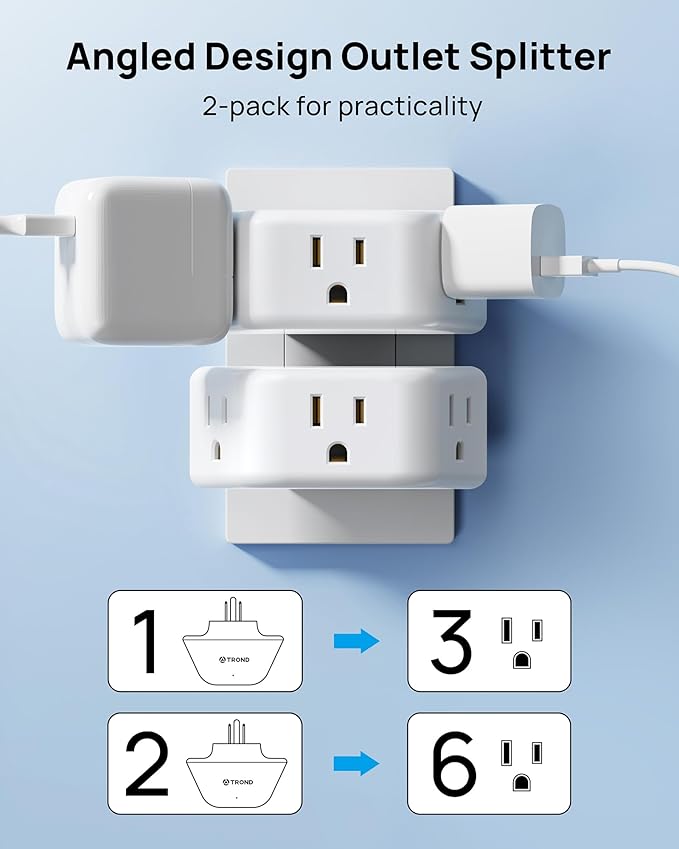 TROND 360 Rotating Plug Outlet Extender 2 Pack, 3 Way Angled Wall Outlet Adapter, Small Multiple Plug Splitter for Bathroom Kitchen Cruise Ship Travel Essentials, White