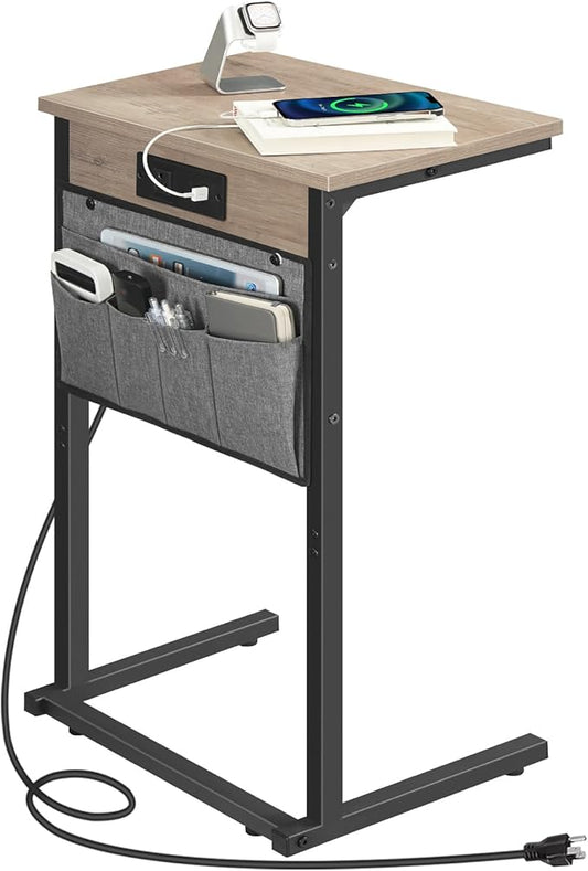 HOOBRO C Shaped End Table with Charging Station, 28" Tall Couch Table for Couch and Recliner for Small Spaces, Slide Under Sofa Table TV Tray with Storage Bag for Living Room, Greige BG70USF01