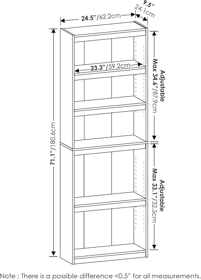 Furinno Jaya Book Shelf, 5-Tier Bookshelf, Bookcase, with Adjustable Shelves, 9.5" x 24.5" x 71.1", for Organization and Storage, for Home Office, Living Room, Amber Oak