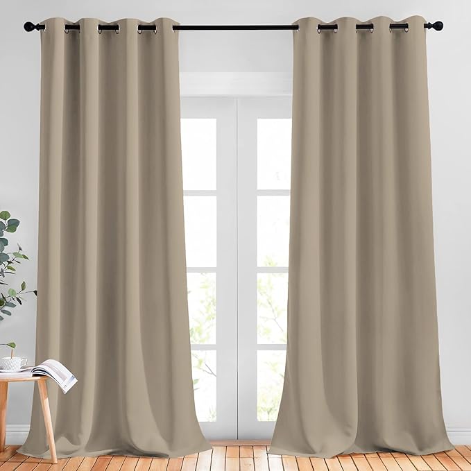 NICETOWN Taupe Blackout Curtains for Living Room, Grommet Thermal Insulated Room Darkening Window Treatments Sound Proof Drapes for Bedroom/Boys Room, 2 Panels, W52 x L90