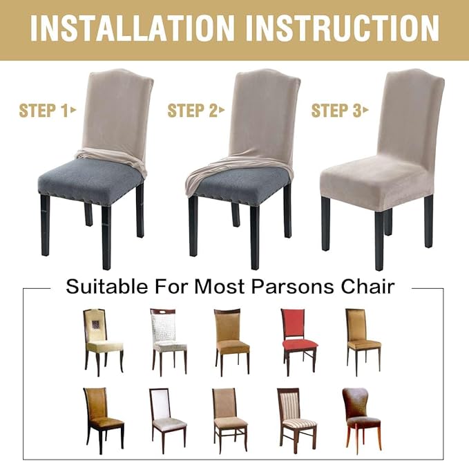H.VERSAILTEX Velvet Dining Chair Covers Stretch Chair Covers for Dining Room Set of 2 Parson Chair Slipcovers Chair Protectors Covers Dining, Soft Thick Solid Velvet Fabric Washable, Oatmeal