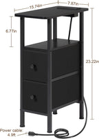 Narrow Nightstand with Charging Station, End Tables Living Room Set of 2, Skinny Side Table with Fabric Drawers, Slim Sofa Table for Bedroom, Small Spaces, Couch, Black, HETNDP02BK
