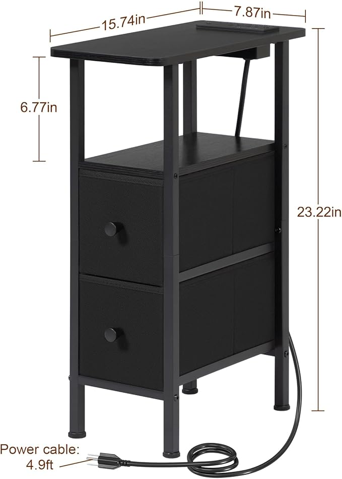 Narrow Nightstand with Charging Station, End Tables Living Room Set of 2, Skinny Side Table with Fabric Drawers, Slim Sofa Table for Bedroom, Small Spaces, Couch, Black, HETNDP02BK