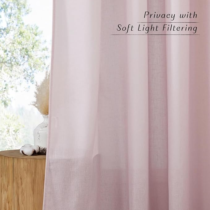 NICETOWN Blush Pink Linen Curtains for Kitchen, Thick Flax Small Window Treatments Semi Sheer Privacy Assured with Light Through for Cafe/Bathroom, W68 x L84, 2 Panels