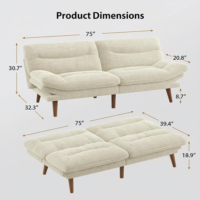 Pipishell Futon Sofa Bed, 75 Inch Corduroy Futon Couch Convertible with Adjustable Backrest and Armrests, Recliner Sleeper Sofa for Small Spaces, Living Room, Office, Guest Room (White, 75 Inch) | Adjustable